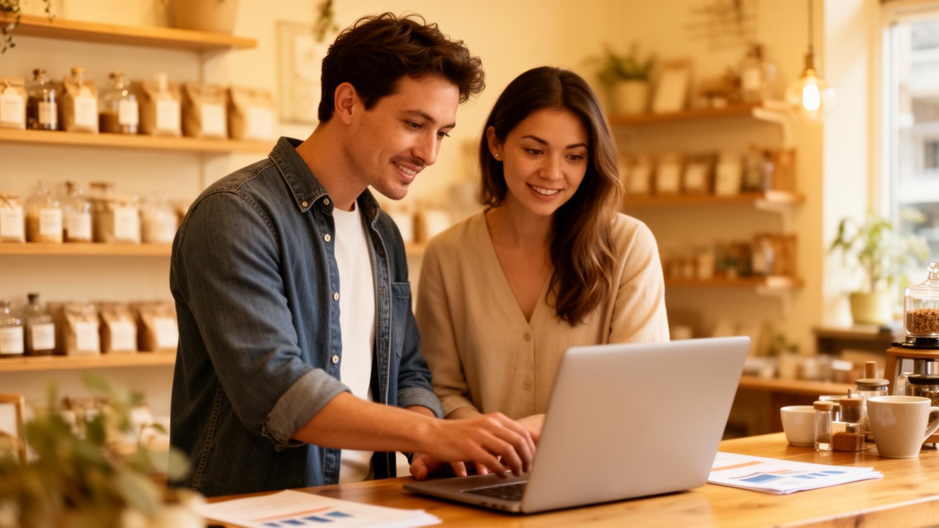 Two small business owners collaborating at a laptop in their shop, reviewing analytics and website performance
